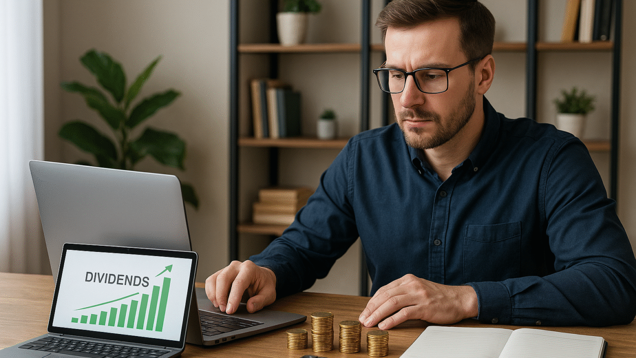 Investor reviewing dividend reinvestment plan on computer, automating growth without manual trades