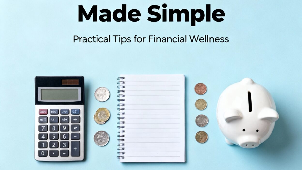 Minimalist blue blog header showing a calculator, piggy bank, notebook, pen, and scattered coins to represent budgeting and saving.